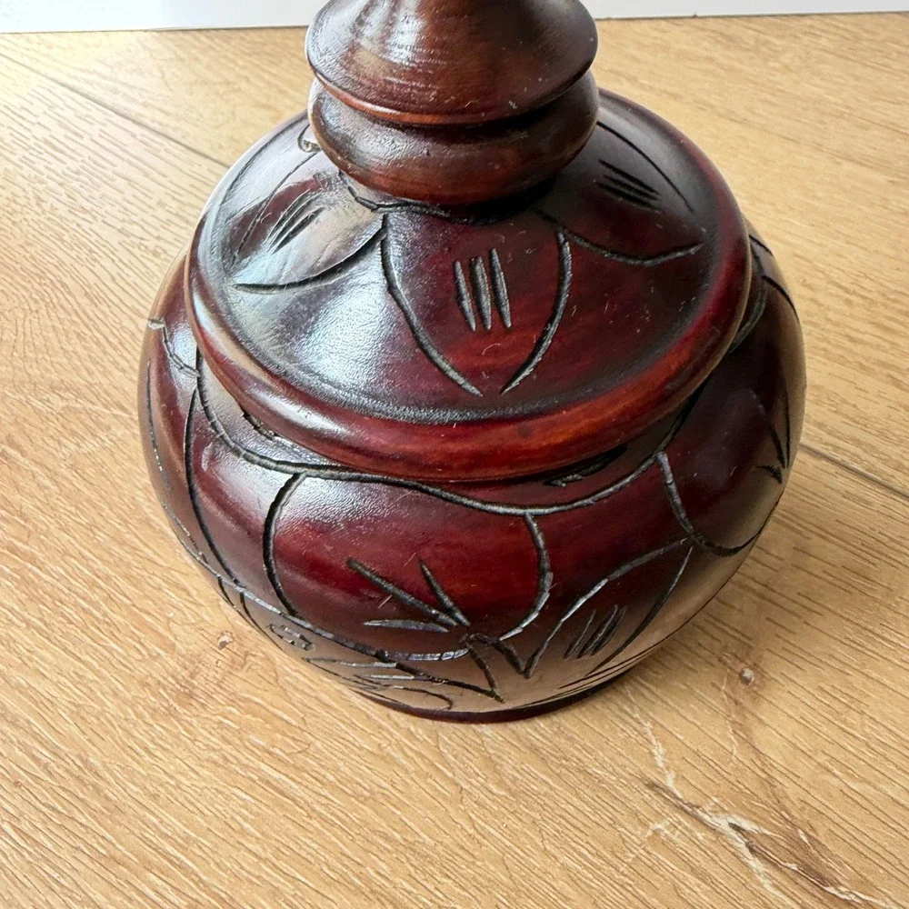 Vintage Hand Carved Wooden Jar with Lid Floral Etched Decorative Vessel Brown